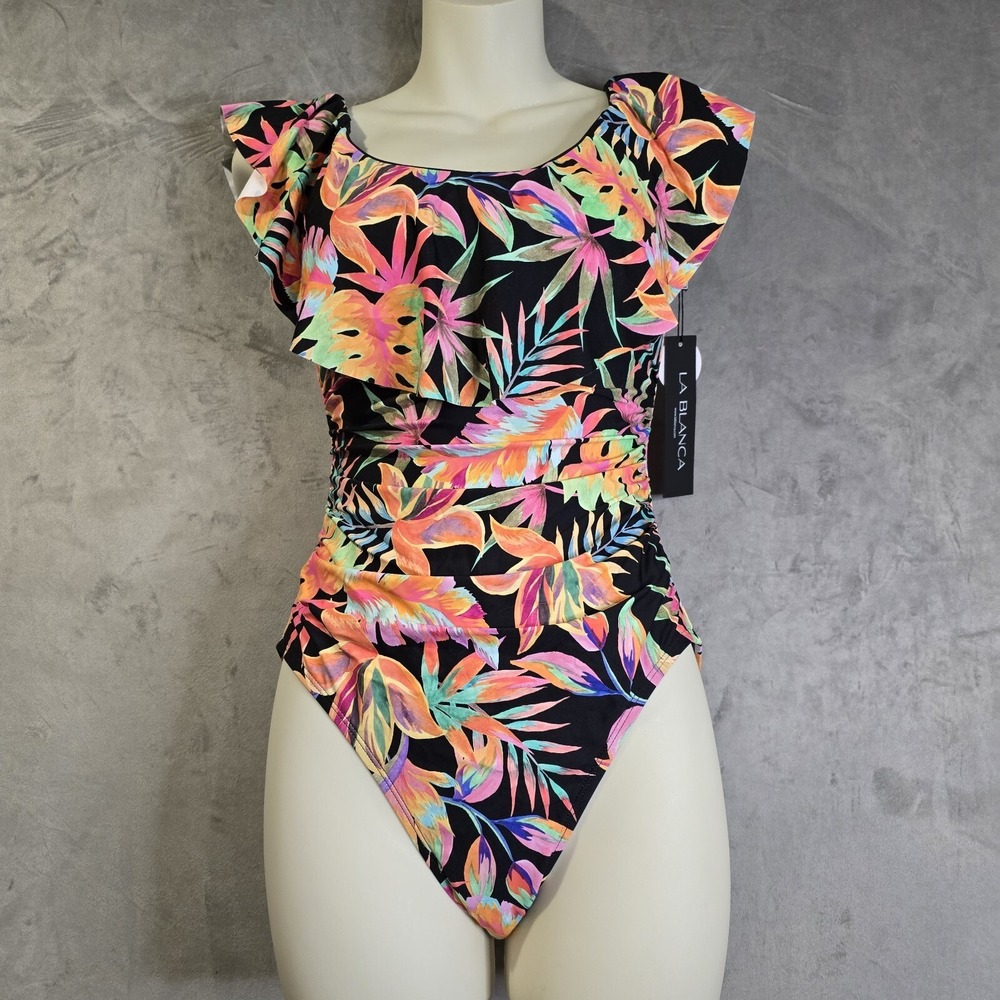 LA BLANCA One Piece Size 6 Goddess Palm‎ Ruffle Off On Shoulder Swimsuit  Ruched